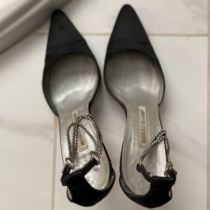 Manolo Blahnik Black Satin Pointy Toe Heel With Rhinestone Ankle Strap